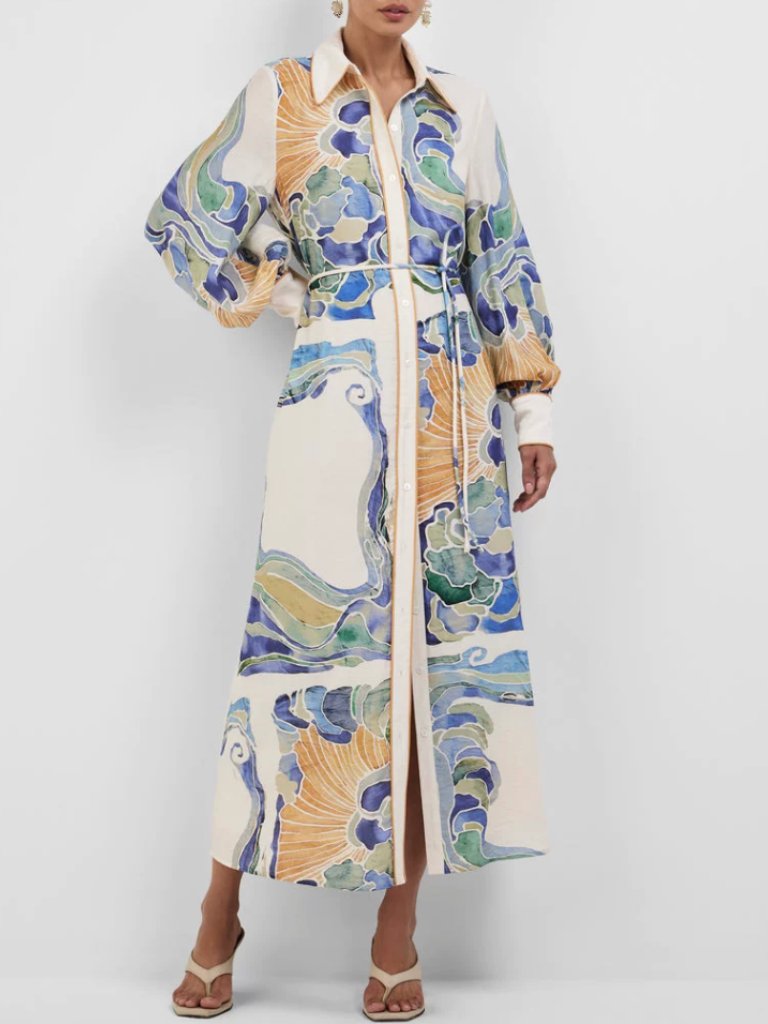 Best Sheike Wren Maxi Shirt Dress 2/6/10 Watercolor Print Vacation Cocktail — image 3 of 8